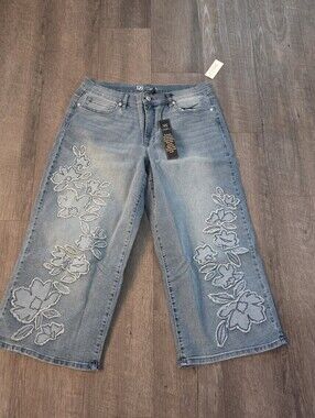 DG2 Diane Gilman Embroidered Frayed Wide Leg Denim Jeans Cropped 16P Chambray